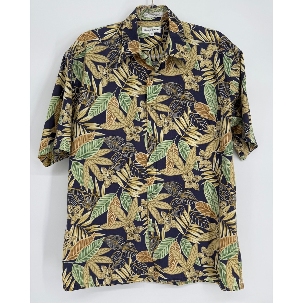 Pierre Cardin Mens Sz M Short Sleeve Tropical Floral Cotton Button Up Shirt